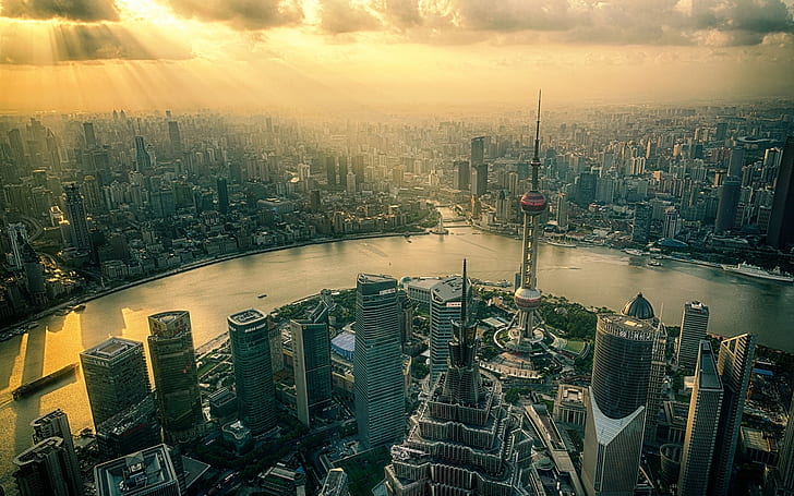 Shanghai, China, city, skyscrapers, tower, river, dawn, sunrise, HD wallpaper