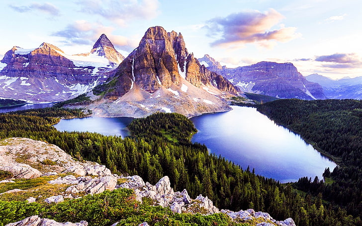 mountain range with lake surrounded by pine trees, landscape
