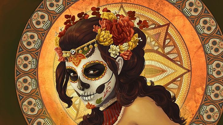illustration of woman wearing skeleton mask, colorful, brunette