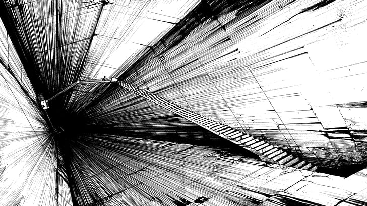 stairs, heights, abstract, monochrome, artwork, Tsutomu Nihei, HD wallpaper