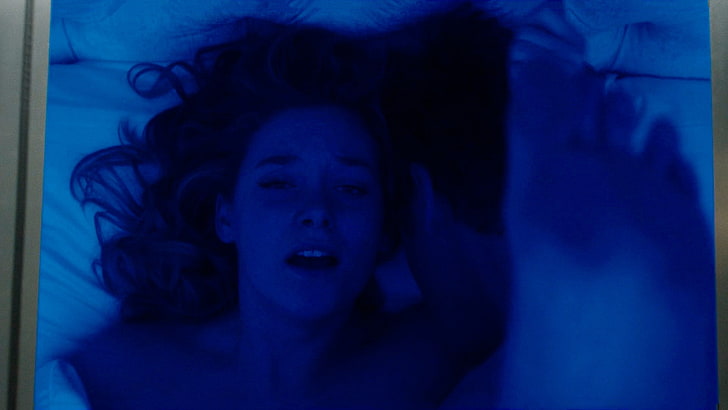 Rachel Keller, Syd Barrett, headshot, indoors, blue, one person