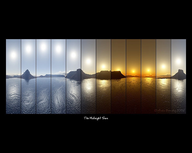 body of water wall decor, sea, the sun, mountains, labels, lineup