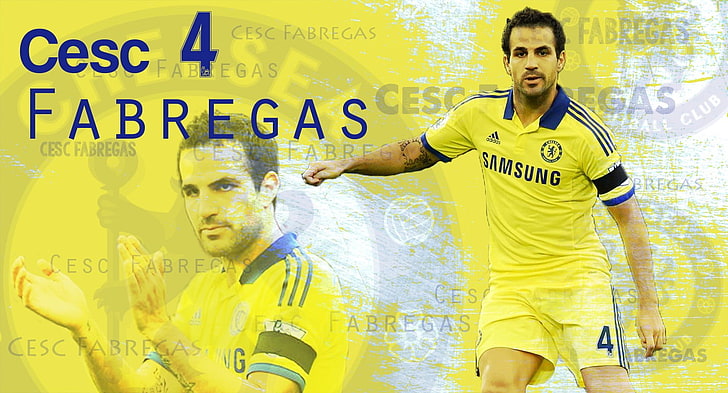 Cesc Fabregas, Chelsea FC, soccer, yellow, text, adult, men, males