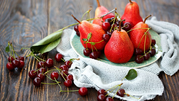 fruit, pears, wooden surface, cherries (food), water drops