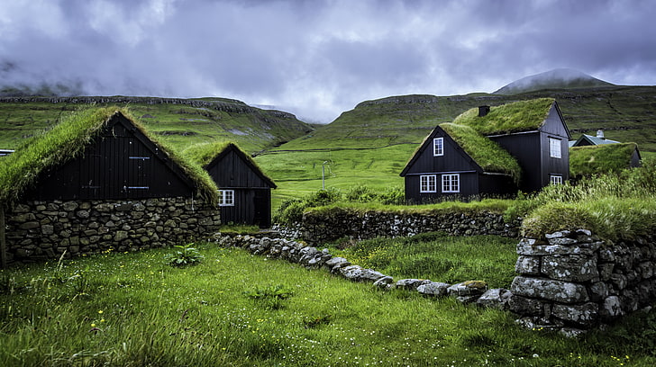 five black houses, the sky, clouds, hills, Faroe Islands, Husevig, HD wallpaper