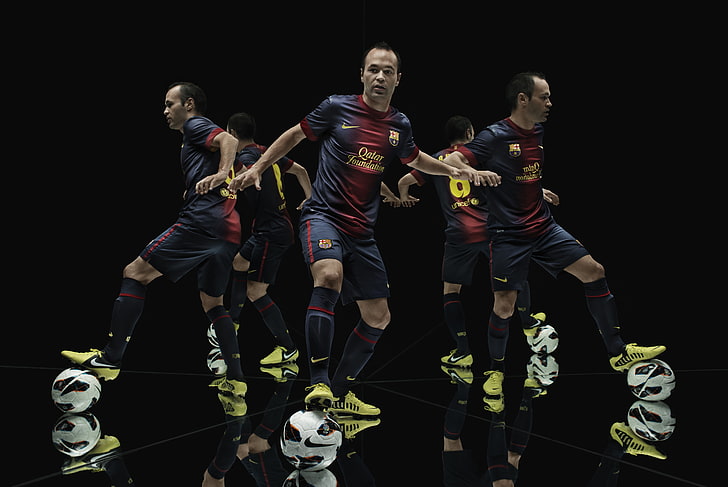 white soccer ball collage, andres iniesta, barca, fc barcelona