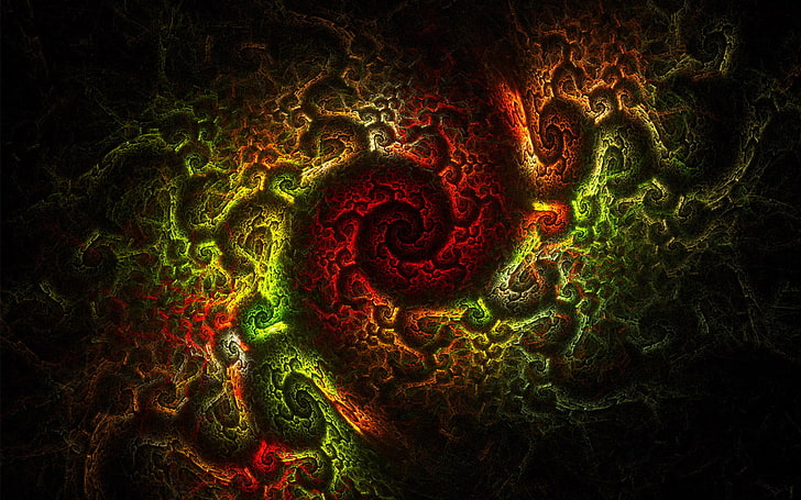 green and red lights wallpaper, fractal, digital art, artwork