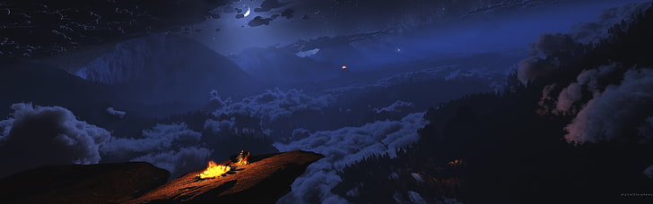 3840x1200 px, night, mountain, nature, beauty in nature, scenics - nature