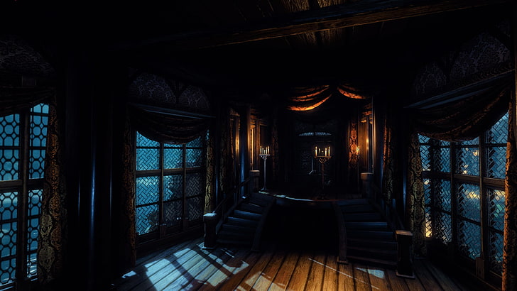 brown curtains, The Witcher 3: Wild Hunt, night, house, architecture, HD wallpaper