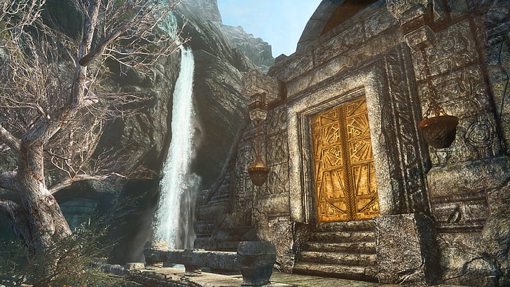 waterfall near big brown door, The Elder Scrolls V: Skyrim, nature, HD wallpaper