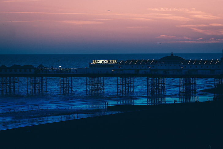 Brighton Pier, beach, sunset, sea, dusk, water, night, nature, HD wallpaper