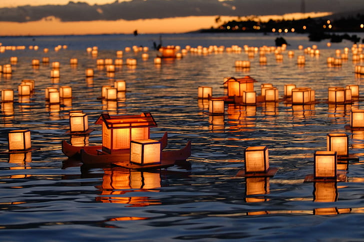Nature, Landscape, Water, Lantern, Sunset, floating lanterns lot