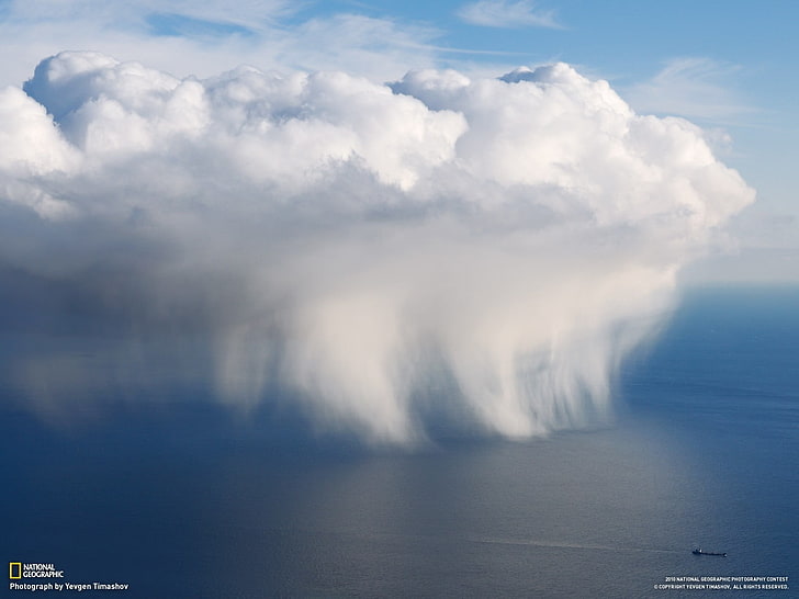 white and blue floral textile, National Geographic, sea, clouds