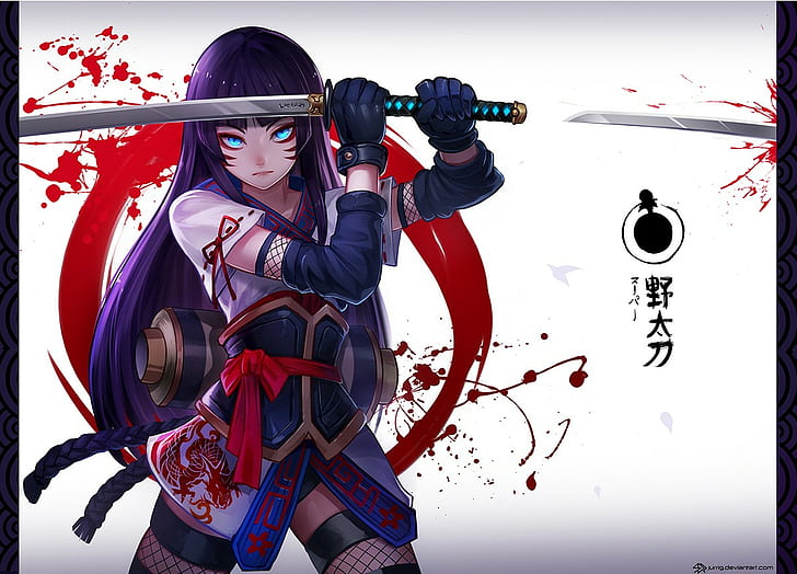 sword, Sky blue eyes, purple hair, blood, HD wallpaper