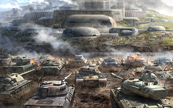 grey battle tanks, Mountains, Dust, Smoke, WoT, Is-7, Tiger II HD wallpaper