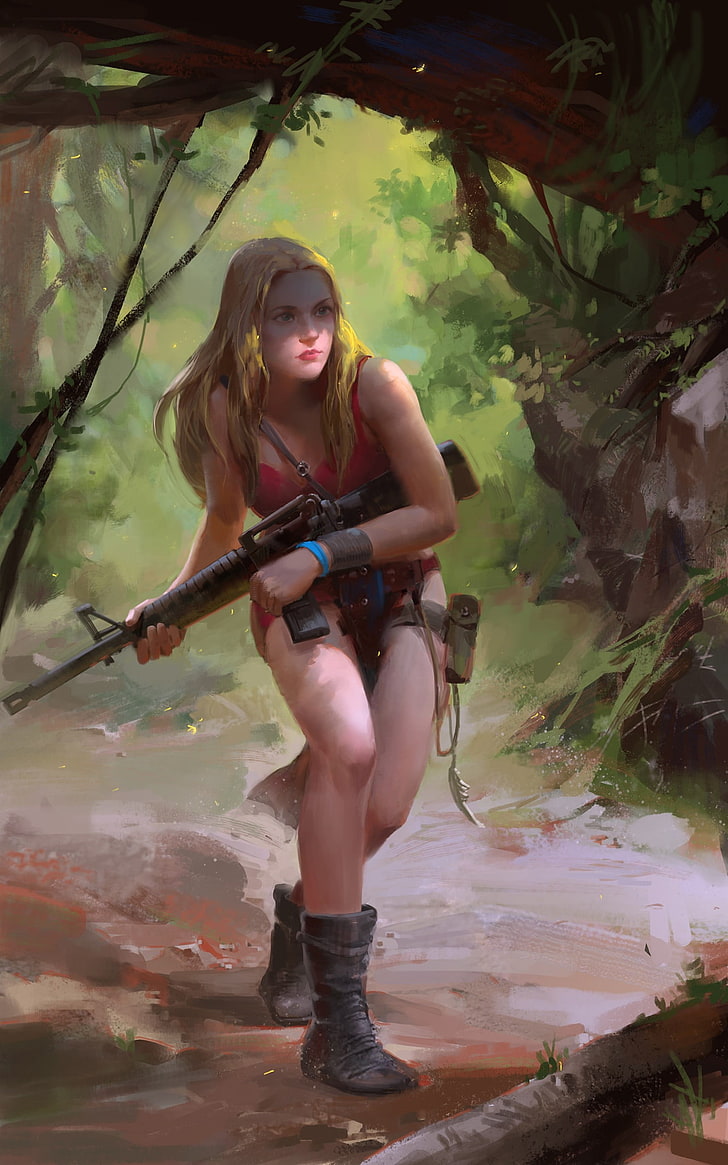 woman with rifle wallpaper, fantasy art, futuristic, gun, girls with guns