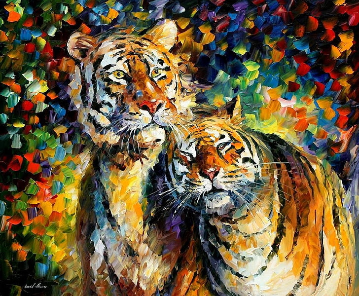 painting of two orange tigers, Leonid Afremov, animals, colorful