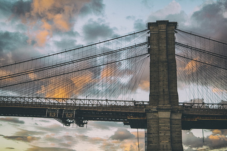 sunset, New York, Brooklyn Bridge, Dumbo in Brooklyn, clouds, HD wallpaper