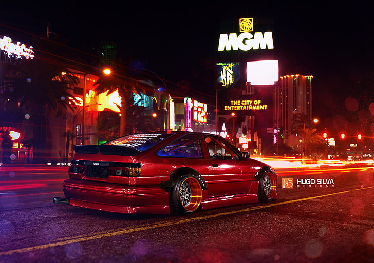 red coupe, Toyota, Las Vegas, AE86, Stance, Wheels, Corolla, Rear