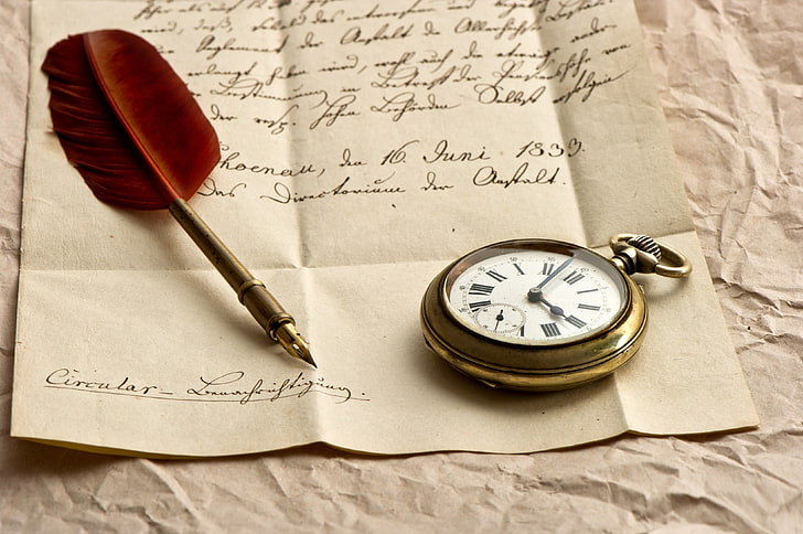 gold pocket watch, clock, letter, paper, ink, pen, feather, quill Pen