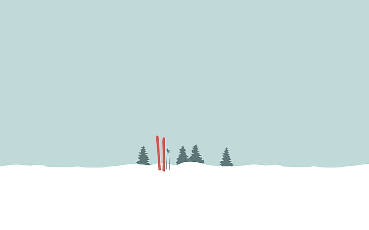 winter, snow, pine trees, skis, minimalism, copy space, cold temperature, HD wallpaper