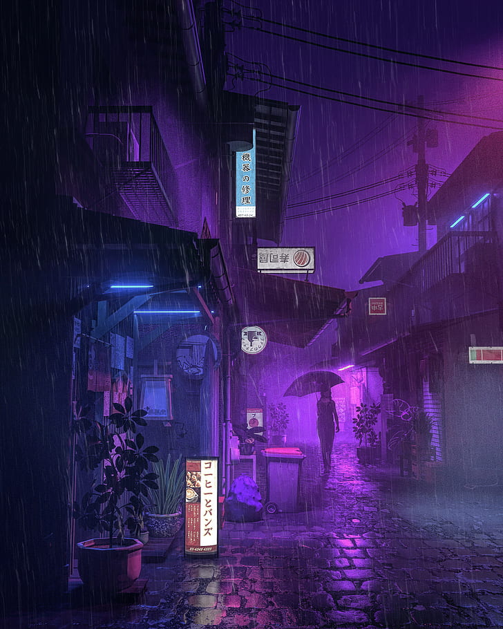 HD wallpaper: neon, rain, women, umbrella, house, anime, urban, Asia, city  | Wallpaper Flare