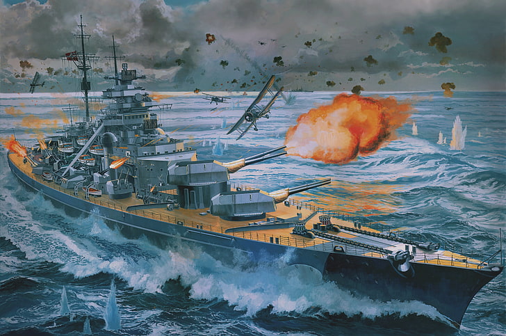 battleship illustration, The sky, Sea, Figure, The plane, Shooting, HD wallpaper