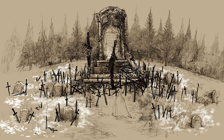 Dark Souls Cemetery Drawing Sword Tombstone HD, video games, HD wallpaper