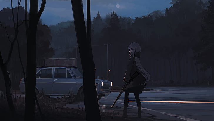 anime, anime girls, dark background, night, forest, car, roadside HD wallpaper