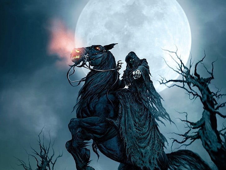 reaper riding on horse illustration, Grim Reaper, Moon, trees