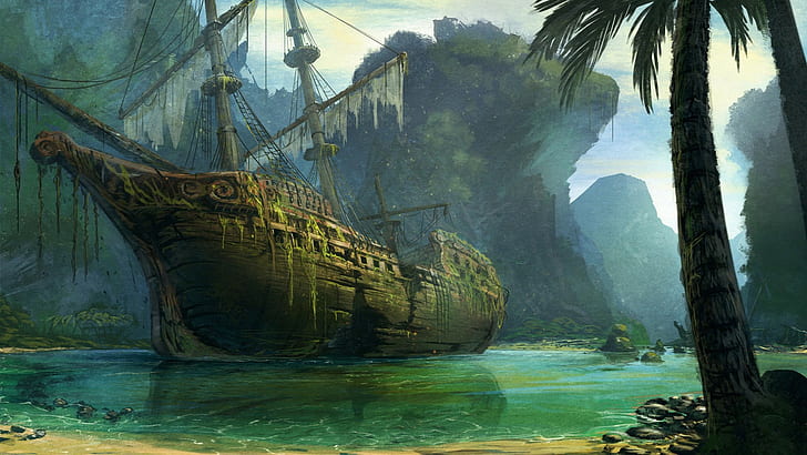 sea, old ship, palm trees, pirates, fantasy art, wreck, artwork, HD wallpaper