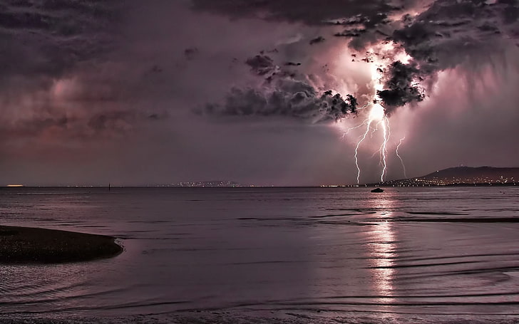 calm body of water, lightning, clouds, digital art, storm, sea