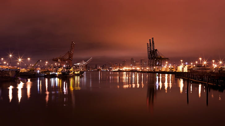 cityscape, shipyard, sky, lights, HD wallpaper