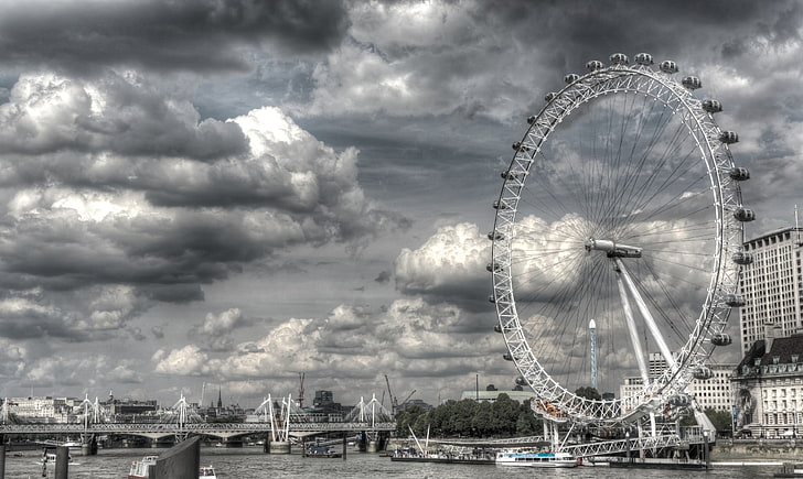 London Eye, England, HDR, selective coloring, bridge, ferris wheel, HD wallpaper
