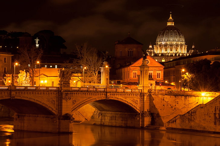 light, night, the city, river, lighting, Rome, lights, Italy, HD wallpaper