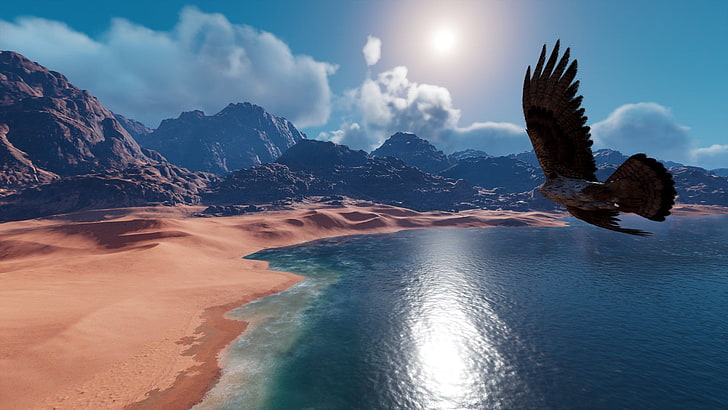 black bird, Assassin's creed Origins, eagle, sea, Bayek, Assassin's Creed: Origins