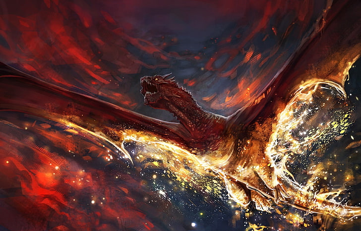 artwork, digital art, dragon, fantasy Art, fire, Magic, Smaug, HD wallpaper