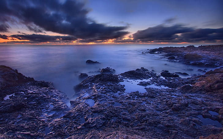 Sea, beach, dawn, clouds, sunrise, HD wallpaper