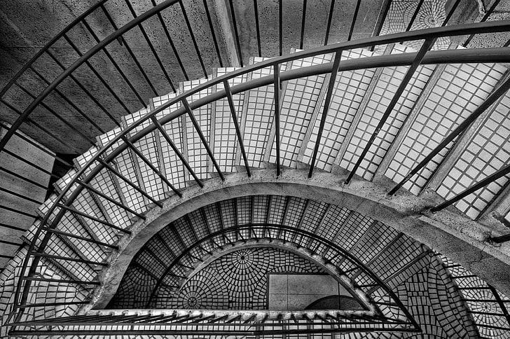 architecture, indoors, staircase, stairs, mosaic, monochrome