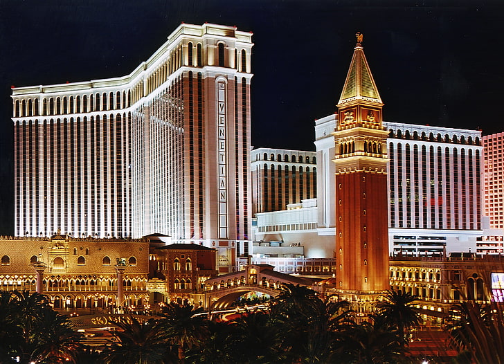 brown lighted high-rise building, palazzo resort hotel, las vegas, HD wallpaper