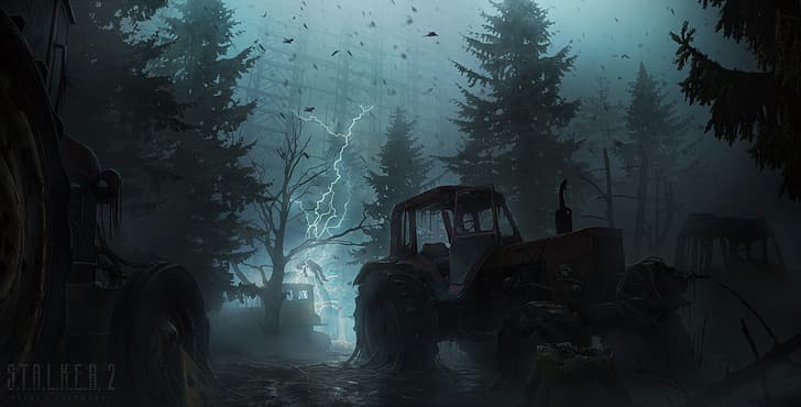 lightning, tractor, Chernobyl, Pripyat, Stalker 2, Yuri Hill, HD wallpaper