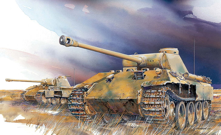 two brown artillery tanks, field, war, figure, artist, WW2, German
