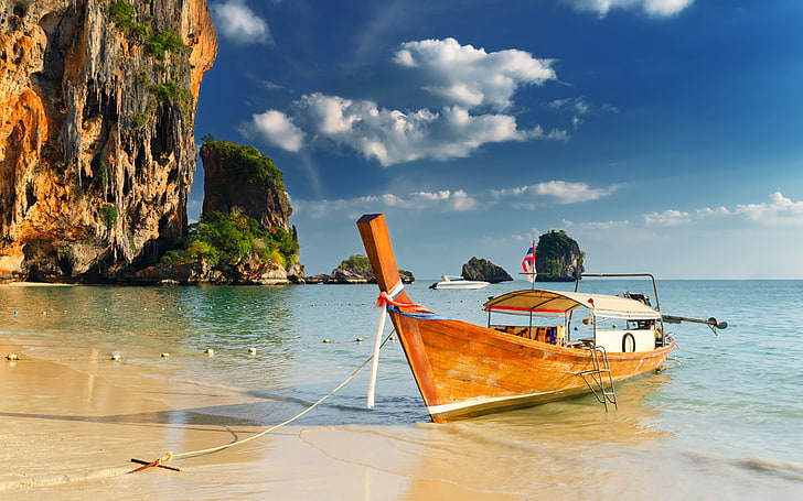 brown and white boat, thailand, tropics, sea, beach, nautical Vessel
