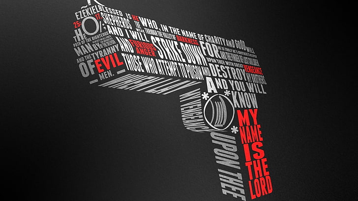 white and red gun illustration, typography, Pulp Fiction, black background