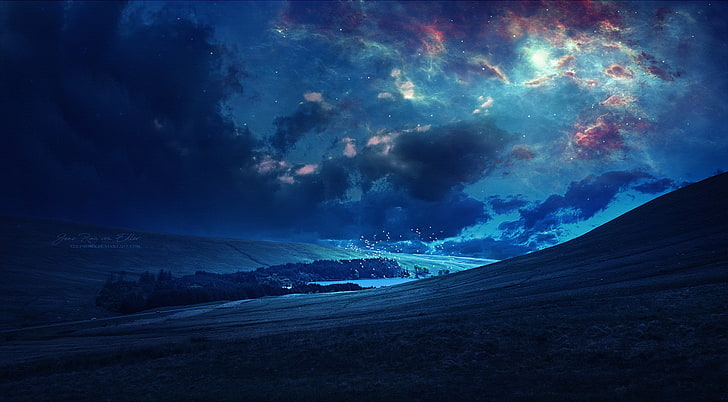 blue sky, artwork, landscape, clouds, field, grass, lake, night