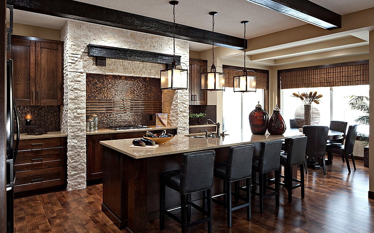 black bar stools, kitchen, dining room, interior design, indoors, HD wallpaper