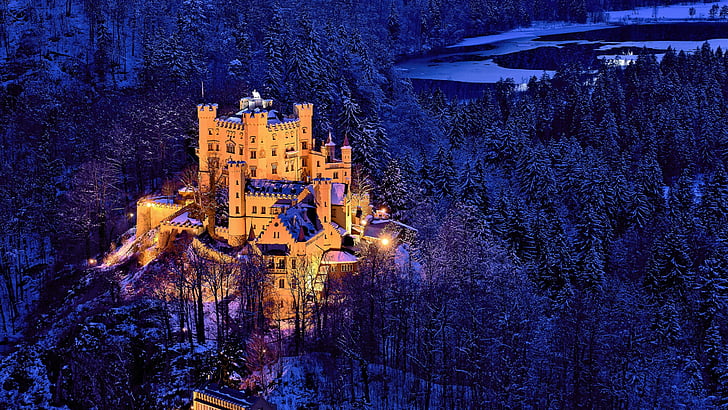castle, hohenschwangau castle, landmark, winter, sky, night