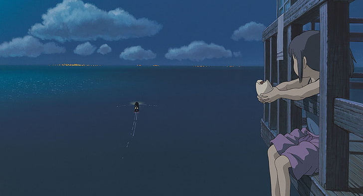 eating anime girl character sitting dock, Spirited Away, Studio Ghibli