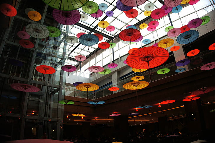 Japanese umbrella, colorful, Asian architecture, hanging, multi colored