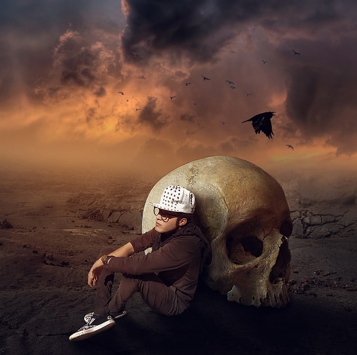 skull, Photoshop, one person, sky, nature, cloud - sky, full length, HD wallpaper